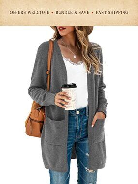 Open Front Cardigan with Pockets Side Split Draped Knit Sweater